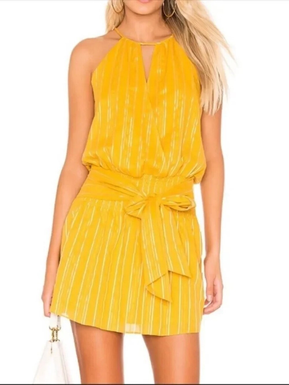 NWT Parker Larissa Striped Halter Mini Dress With Tie-front Detail In Marigold